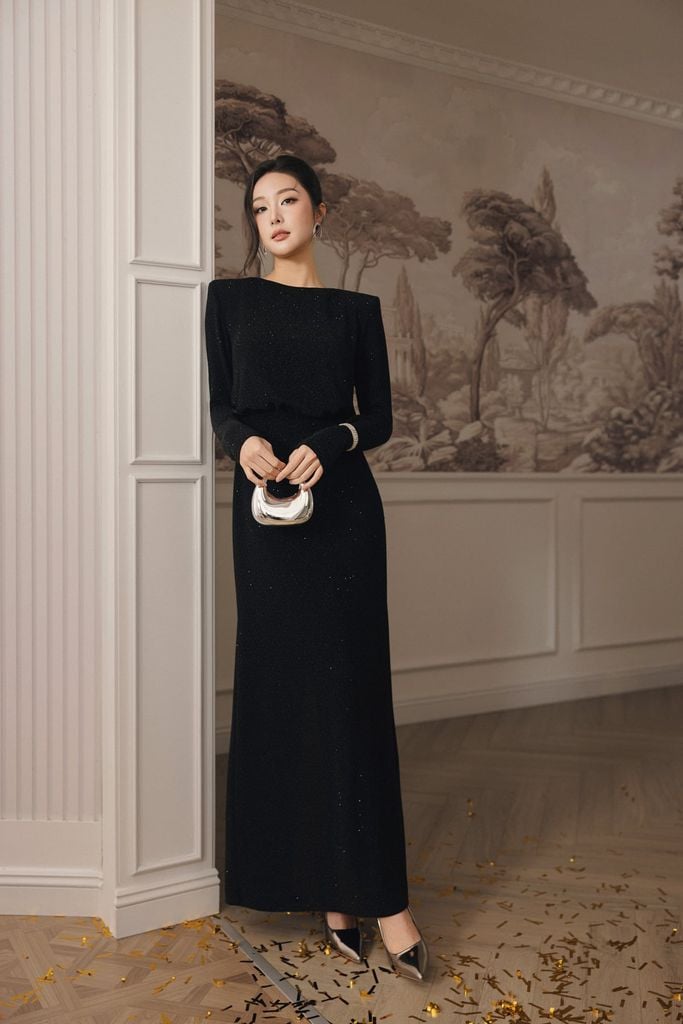 FDH5598 - Đầm dạ hội cao cấp vải len nhũ dáng ôm cổ thuyền tay dài có đệm vai lưng xẻ cách điệu - PANTIO