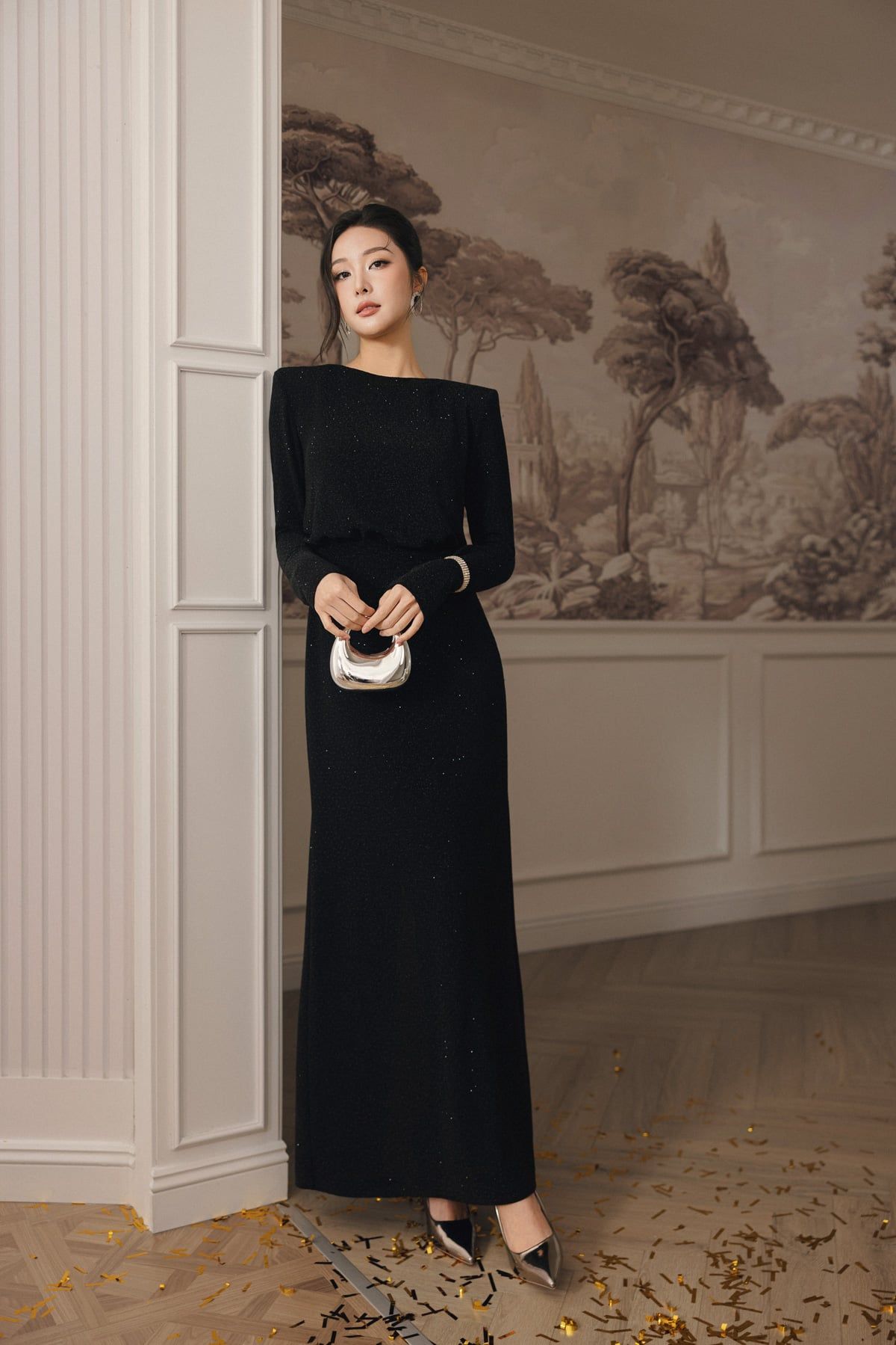 FDH5598 - Đầm dạ hội cao cấp vải len nhũ dáng ôm cổ thuyền tay dài có đệm vai lưng xẻ cách điệu - PANTIO