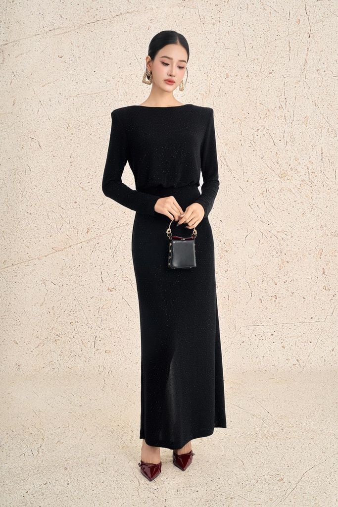 FDH5598 - Đầm dạ hội cao cấp vải len nhũ dáng ôm cổ thuyền tay dài có đệm vai lưng xẻ cách điệu - PANTIO