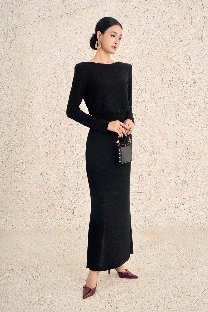 FDH5598 - Đầm dạ hội cao cấp vải len nhũ dáng ôm cổ thuyền tay dài có đệm vai lưng xẻ cách điệu - PANTIO