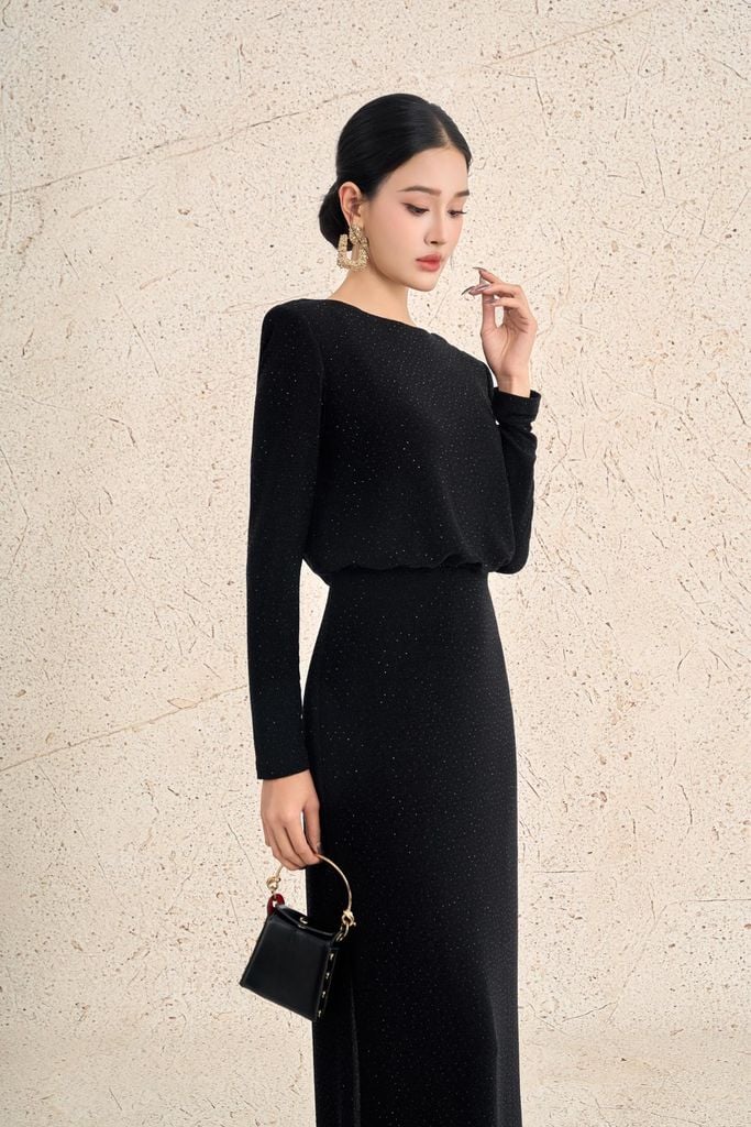 FDH5598 - Đầm dạ hội cao cấp vải len nhũ dáng ôm cổ thuyền tay dài có đệm vai lưng xẻ cách điệu - PANTIO