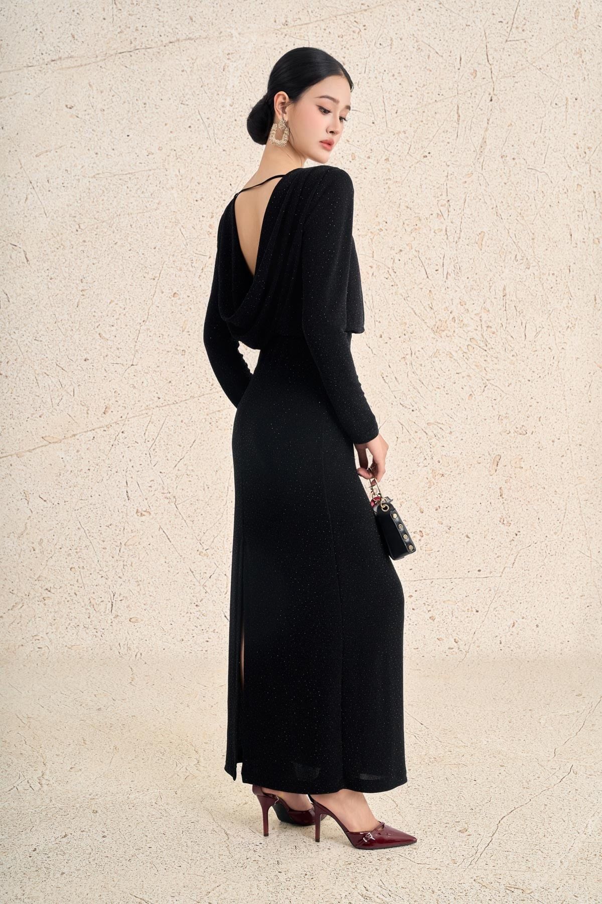 FDH5598 - Đầm dạ hội cao cấp vải len nhũ dáng ôm cổ thuyền tay dài có đệm vai lưng xẻ cách điệu - PANTIO