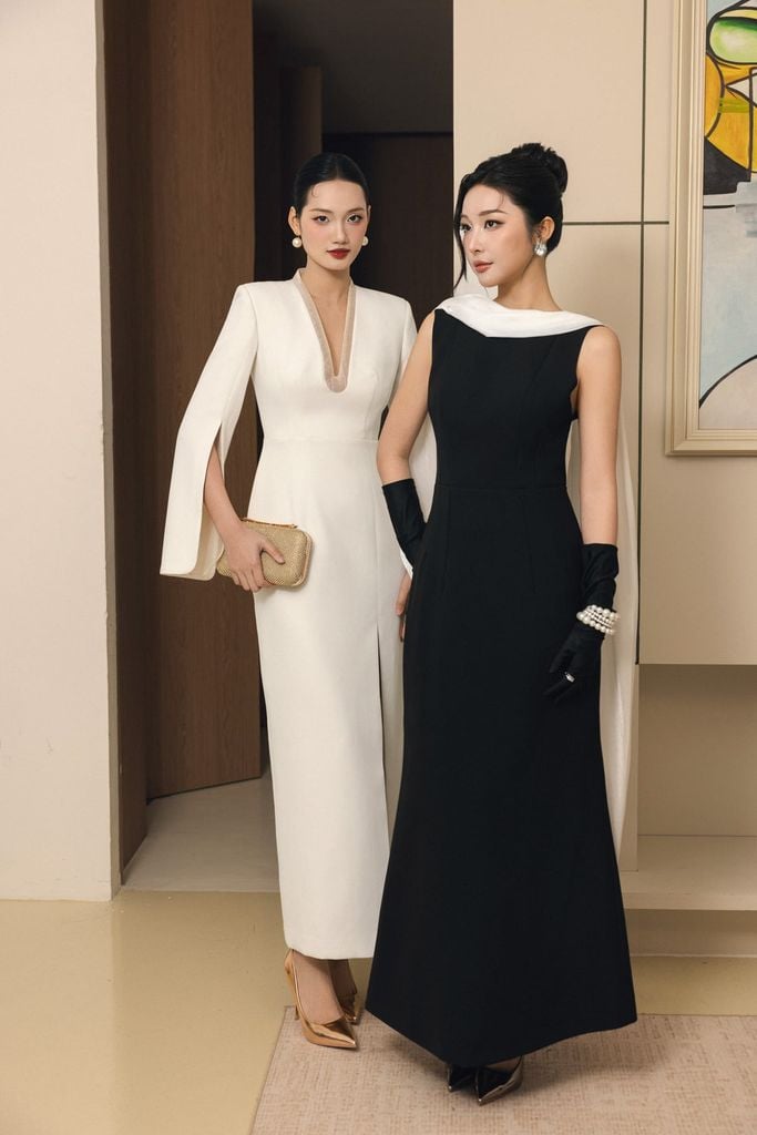 FDH5625 - Đầm dạ hội cao cấp vải thô dày dáng ôm cổ phối vạt cách điệu gấu váy xoè nhẹ tạo kiểu khoá thân sau - PANTIO