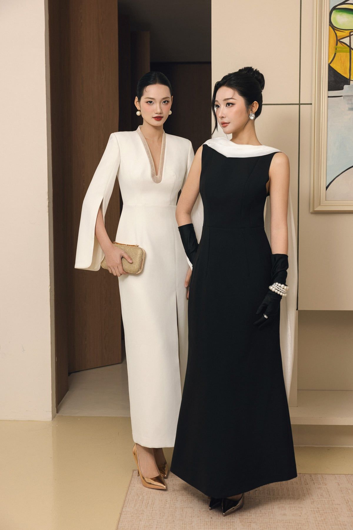 FDH5625 - Đầm dạ hội cao cấp vải thô dày dáng ôm cổ phối vạt cách điệu gấu váy xoè nhẹ tạo kiểu khoá thân sau - PANTIO