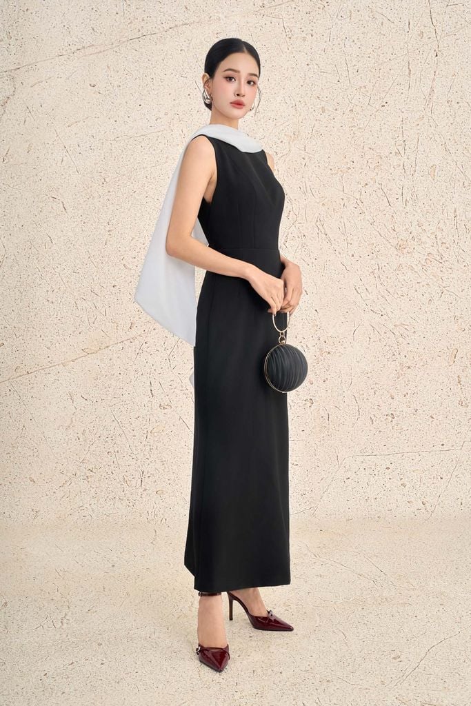 FDH5625 - Đầm dạ hội cao cấp vải thô dày dáng ôm cổ phối vạt cách điệu gấu váy xoè nhẹ tạo kiểu khoá thân sau - PANTIO