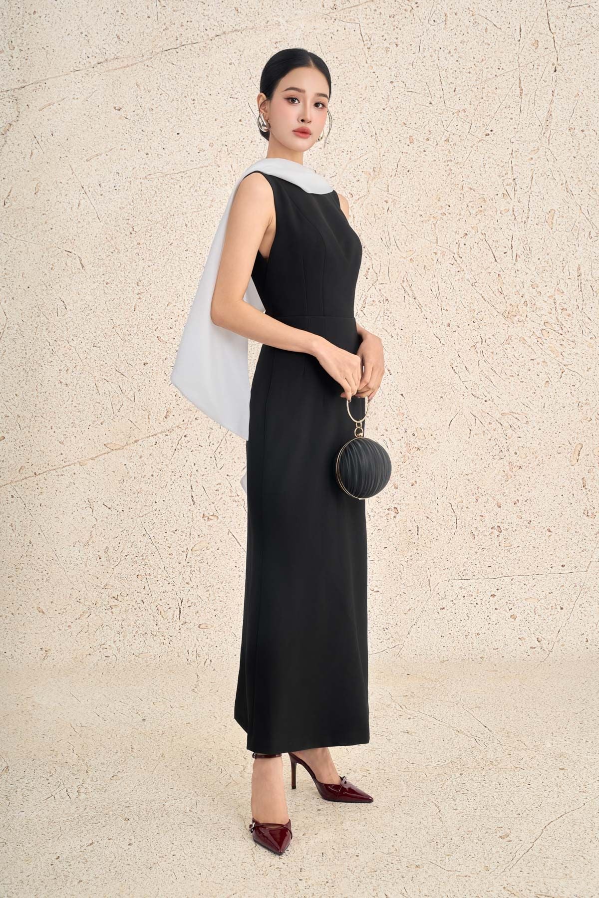 FDH5625 - Đầm dạ hội cao cấp vải thô dày dáng ôm cổ phối vạt cách điệu gấu váy xoè nhẹ tạo kiểu khoá thân sau - PANTIO