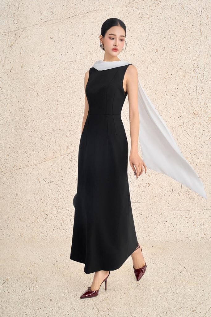 FDH5625 - Đầm dạ hội cao cấp vải thô dày dáng ôm cổ phối vạt cách điệu gấu váy xoè nhẹ tạo kiểu khoá thân sau - PANTIO