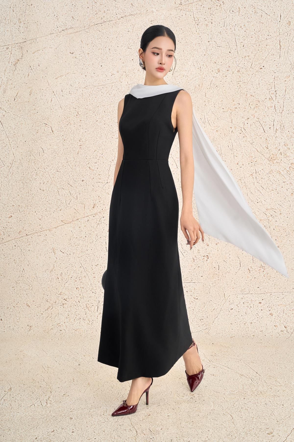 FDH5625 - Đầm dạ hội cao cấp vải thô dày dáng ôm cổ phối vạt cách điệu gấu váy xoè nhẹ tạo kiểu khoá thân sau - PANTIO