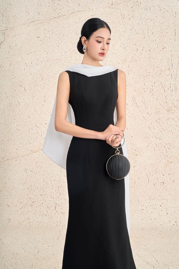FDH5625 - Đầm dạ hội cao cấp vải thô dày dáng ôm cổ phối vạt cách điệu gấu váy xoè nhẹ tạo kiểu khoá thân sau - PANTIO