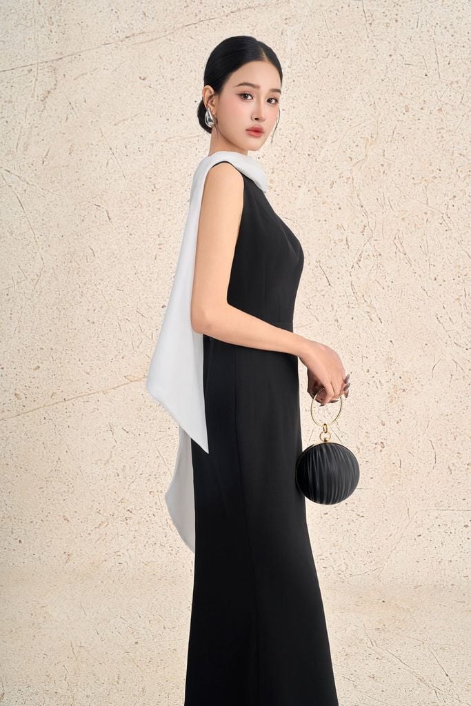 FDH5625 - Đầm dạ hội cao cấp vải thô dày dáng ôm cổ phối vạt cách điệu gấu váy xoè nhẹ tạo kiểu khoá thân sau - PANTIO