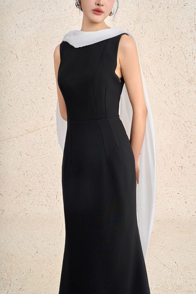 FDH5625 - Đầm dạ hội cao cấp vải thô dày dáng ôm cổ phối vạt cách điệu gấu váy xoè nhẹ tạo kiểu khoá thân sau - PANTIO