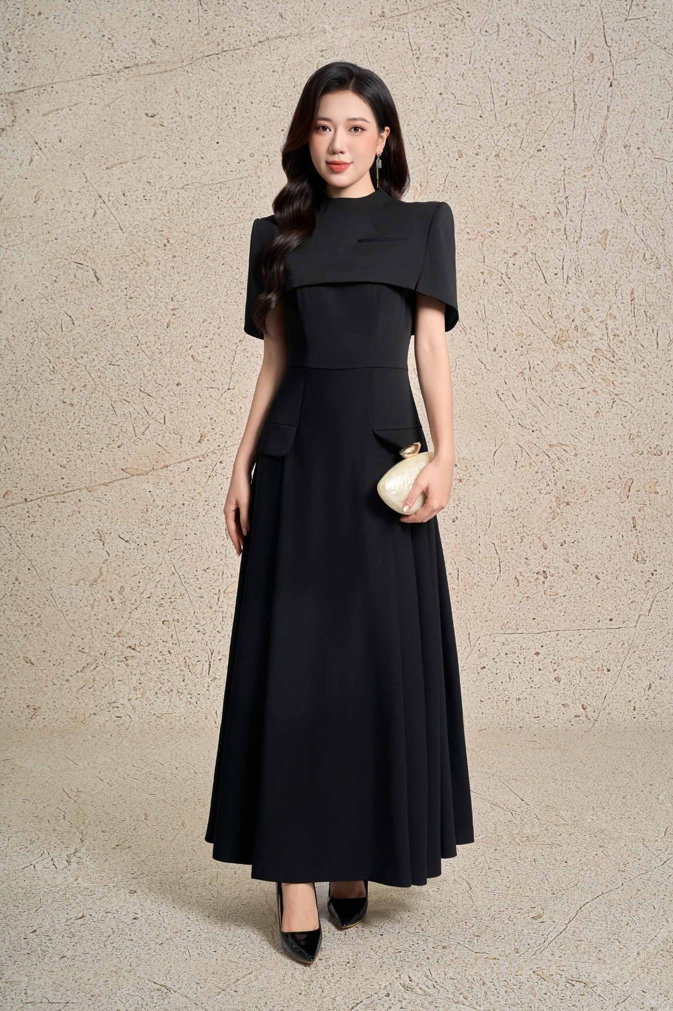 FDH5640 - Đầm dạ hội cao cấp vải thô dáng xoè hai dây kèm áo choàng vai rời tạo kiểu thân váy xếp ly bung tạo kiểu khoá thân sau - PANTIO