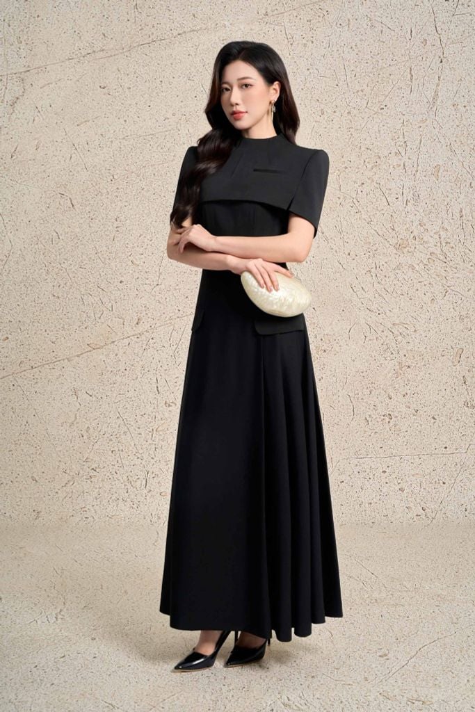 FDH5640 - Đầm dạ hội cao cấp vải thô dáng xoè hai dây kèm áo choàng vai rời tạo kiểu thân váy xếp ly bung tạo kiểu khoá thân sau - PANTIO