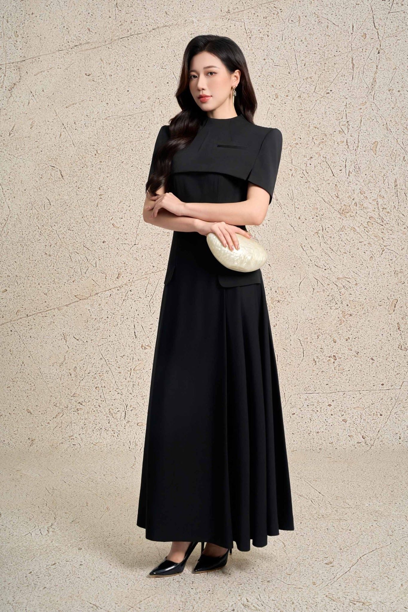 FDH5640 - Đầm dạ hội cao cấp vải thô dáng xoè hai dây kèm áo choàng vai rời tạo kiểu thân váy xếp ly bung tạo kiểu khoá thân sau - PANTIO