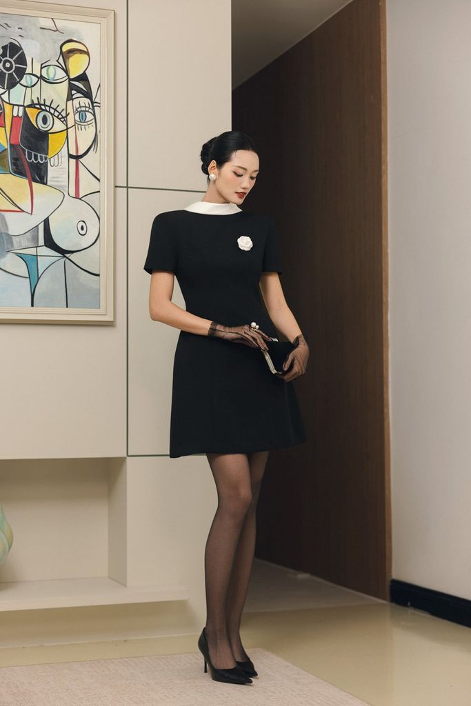 FDH5701 - Đầm dạ hội cao cấp vải thô dày dáng chứ A cổ phối vạt cách điệu ngực áo đính hoa cài thời trang khoá thân sau - PANTIO