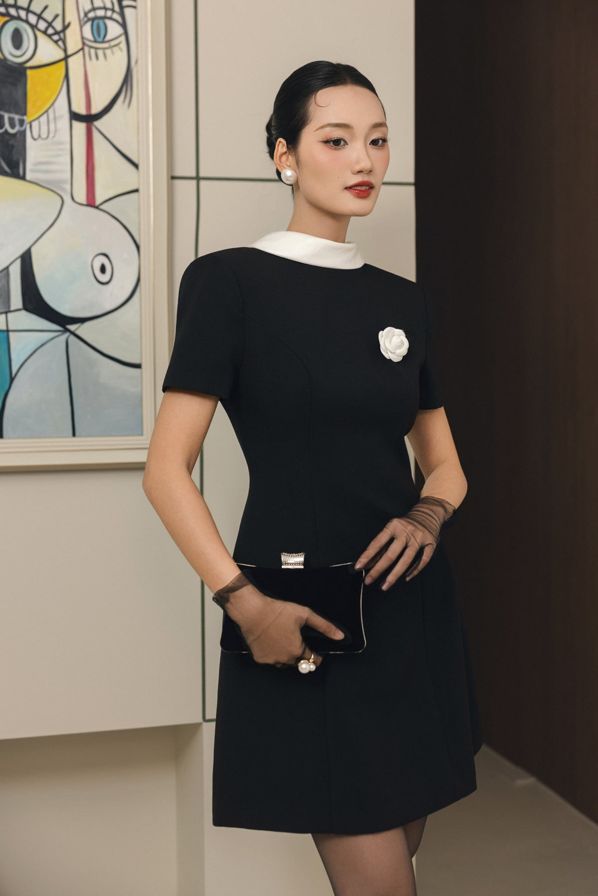 FDH5701 - Đầm dạ hội cao cấp vải thô dày dáng chứ A cổ phối vạt cách điệu ngực áo đính hoa cài thời trang khoá thân sau - PANTIO