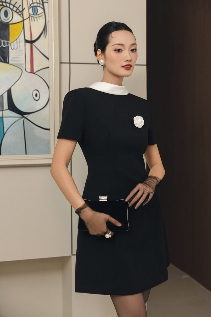 FDH5701 - Đầm dạ hội cao cấp vải thô dày dáng chứ A cổ phối vạt cách điệu ngực áo đính hoa cài thời trang khoá thân sau - PANTIO