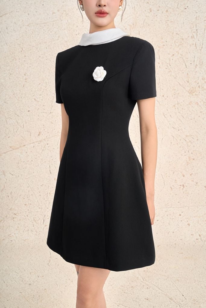 FDH5701 - Đầm dạ hội cao cấp vải thô dày dáng chứ A cổ phối vạt cách điệu ngực áo đính hoa cài thời trang khoá thân sau - PANTIO