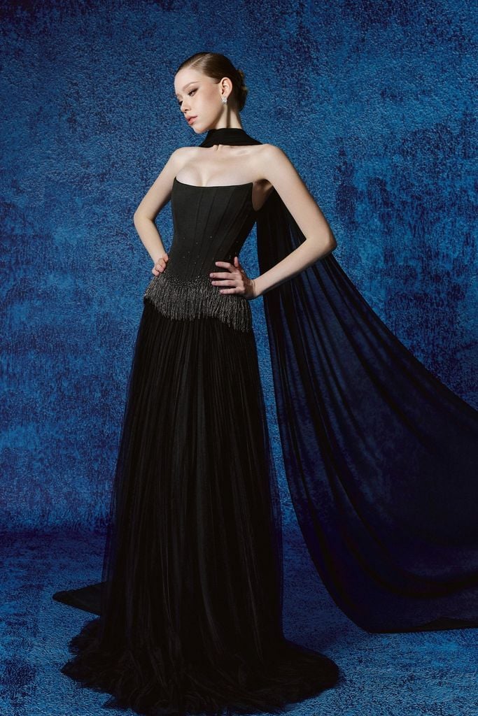 FDH5706 - Đầm dạ hội cao cấp dáng ôm cúp ngực eo đính đá thời trang thân váy phối lưới dập ly tạo kiểu kèm khăn choàng - PANTIO