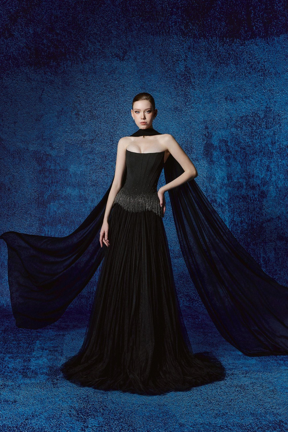 FDH5706 - Đầm dạ hội cao cấp dáng ôm cúp ngực eo đính đá thời trang thân váy phối lưới dập ly tạo kiểu kèm khăn choàng - PANTIO