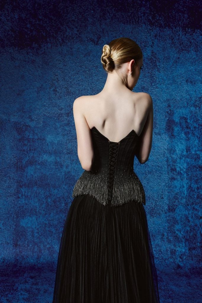 FDH5706 - Đầm dạ hội cao cấp dáng ôm cúp ngực eo đính đá thời trang thân váy phối lưới dập ly tạo kiểu kèm khăn choàng - PANTIO