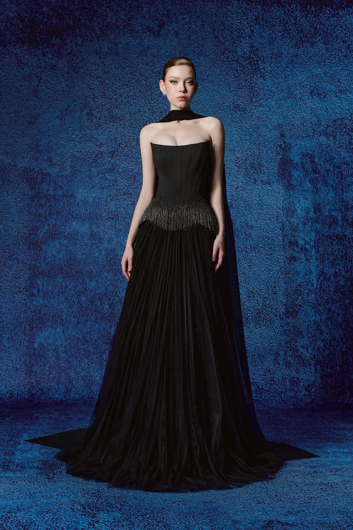 FDH5706 - Đầm dạ hội cao cấp dáng ôm cúp ngực eo đính đá thời trang thân váy phối lưới dập ly tạo kiểu kèm khăn choàng - PANTIO