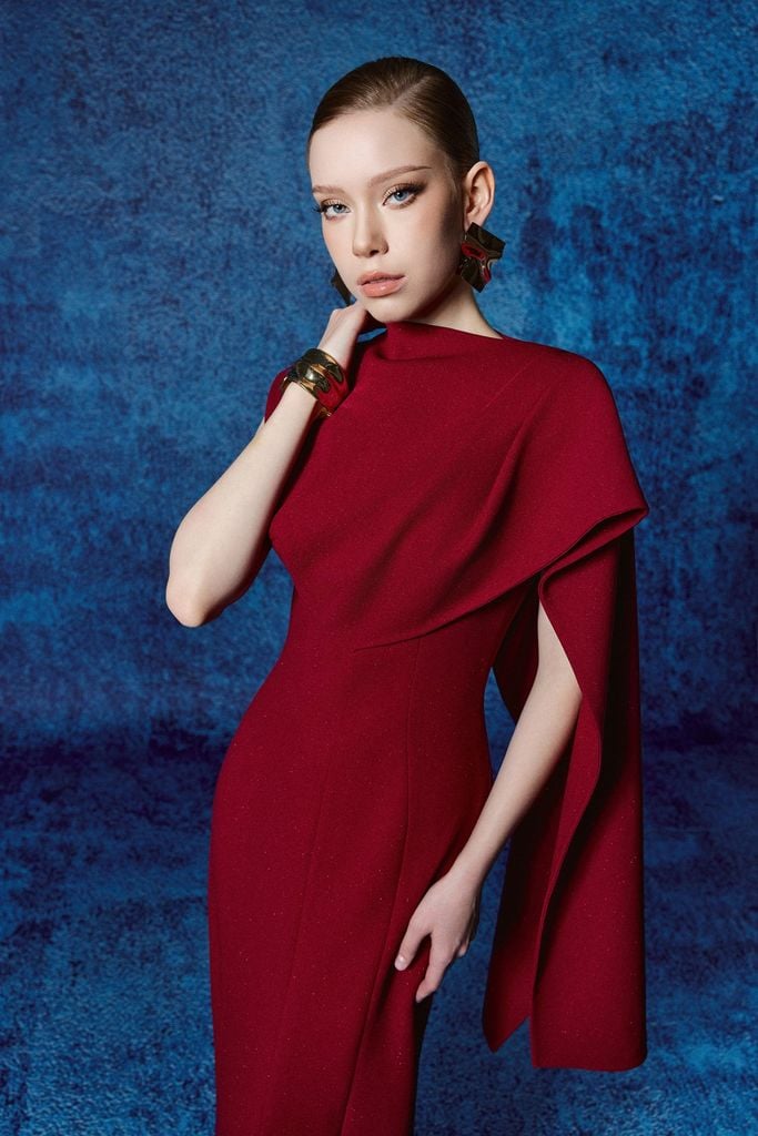 FDH5712 - Đầm dạ hội cao cấp vải cotton dáng ôm cổ kiểu tay chờm vai phối vạt thời trang - PANTIO