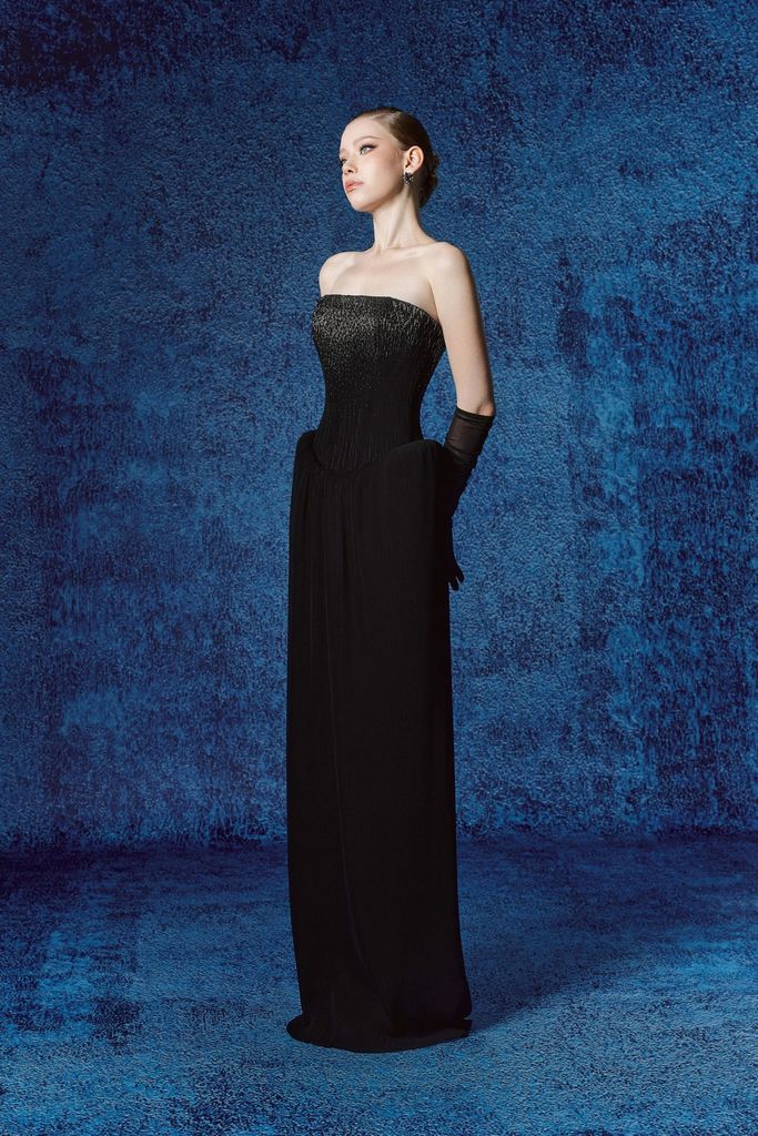 FDH5718 - Đầm dạ hội cao cấp vải chiffon cát dáng ôm cúp ngực đính đá thời trang thân váy dập ly tạo kiểu - PANTIO