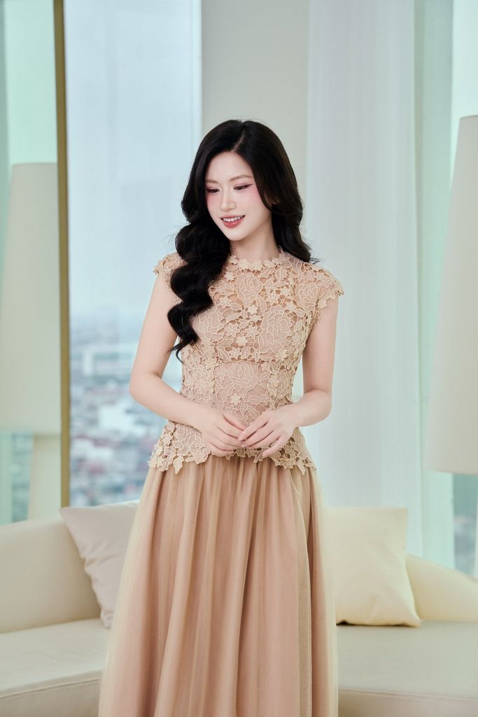 FDH7662 - Đầm dạ hội dáng chữ A xoè vải ren hoa cổ tròn tay chờm thân váy phối vải lưới xoè thời trang khoá thân sau - PANTIO
