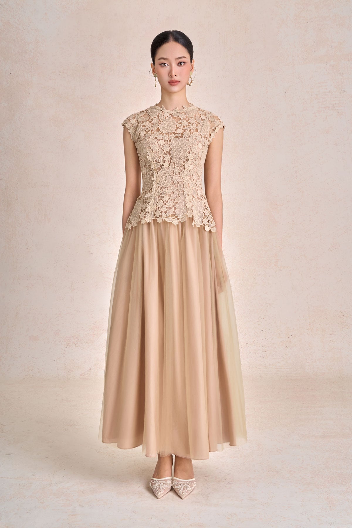 FDH7662 - Đầm dạ hội dáng chữ A xoè vải ren hoa cổ tròn tay chờm thân váy phối vải lưới xoè thời trang khoá thân sau - PANTIO