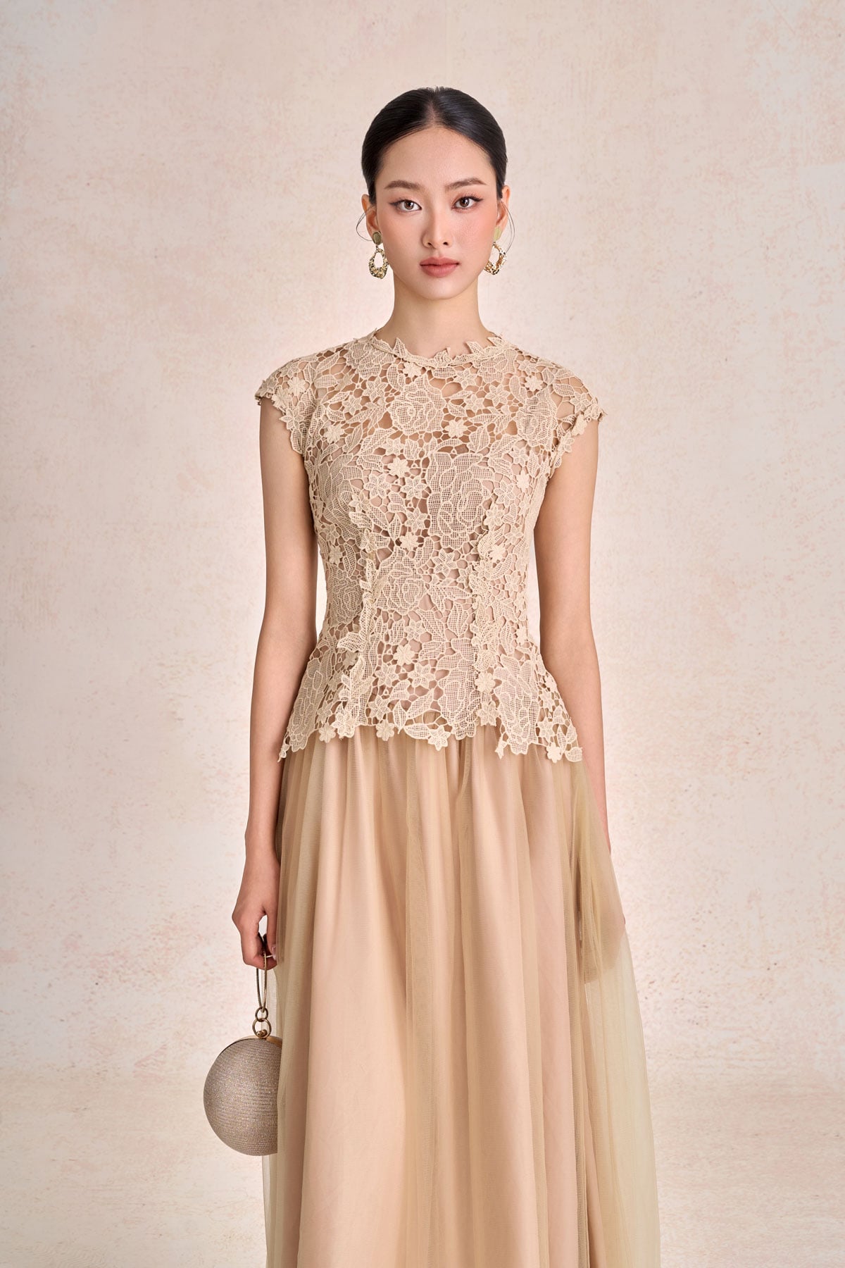 FDH7662 - Đầm dạ hội dáng chữ A xoè vải ren hoa cổ tròn tay chờm thân váy phối vải lưới xoè thời trang khoá thân sau - PANTIO