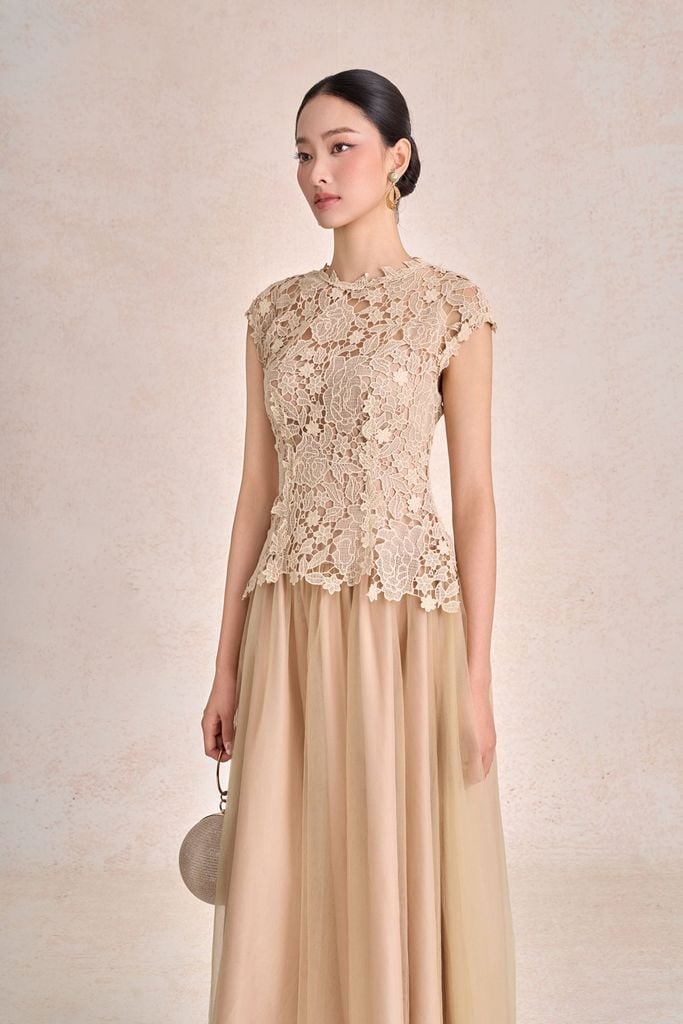 FDH7662 - Đầm dạ hội dáng chữ A xoè vải ren hoa cổ tròn tay chờm thân váy phối vải lưới xoè thời trang khoá thân sau - PANTIO