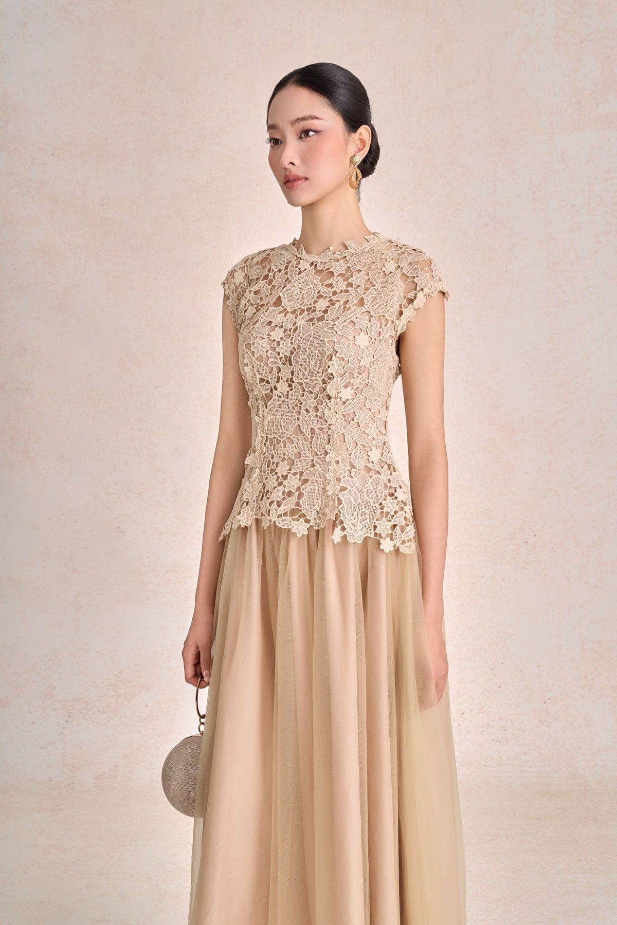 FDH7662 - Đầm dạ hội dáng chữ A xoè vải ren hoa cổ tròn tay chờm thân váy phối vải lưới xoè thời trang khoá thân sau - PANTIO