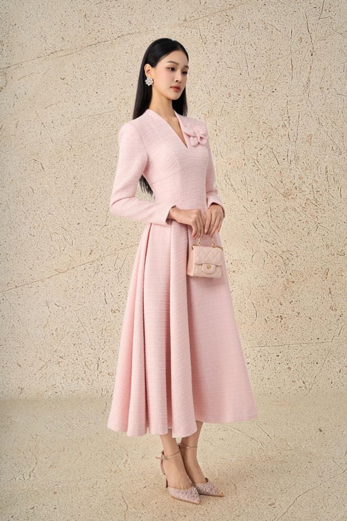 FDH9663 - Đầm dạ hội vải dạ cao cấp dáng xoè cổ xẻ V tay dài ngực áo đính hoa 3D thân váy xếp ly bung thời trang khoá thân sau - PANTIO