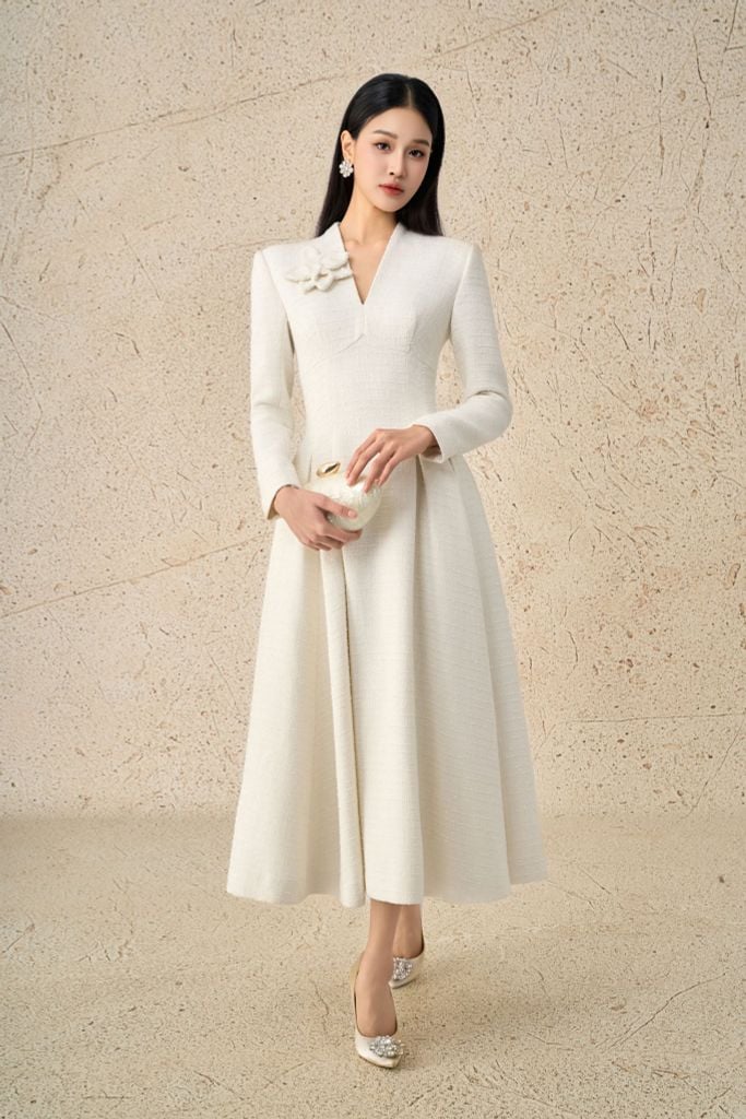 FDH9663 - Đầm dạ hội vải dạ cao cấp dáng xoè cổ xẻ V tay dài ngực áo đính hoa 3D thân váy xếp ly bung thời trang khoá thân sau - PANTIO