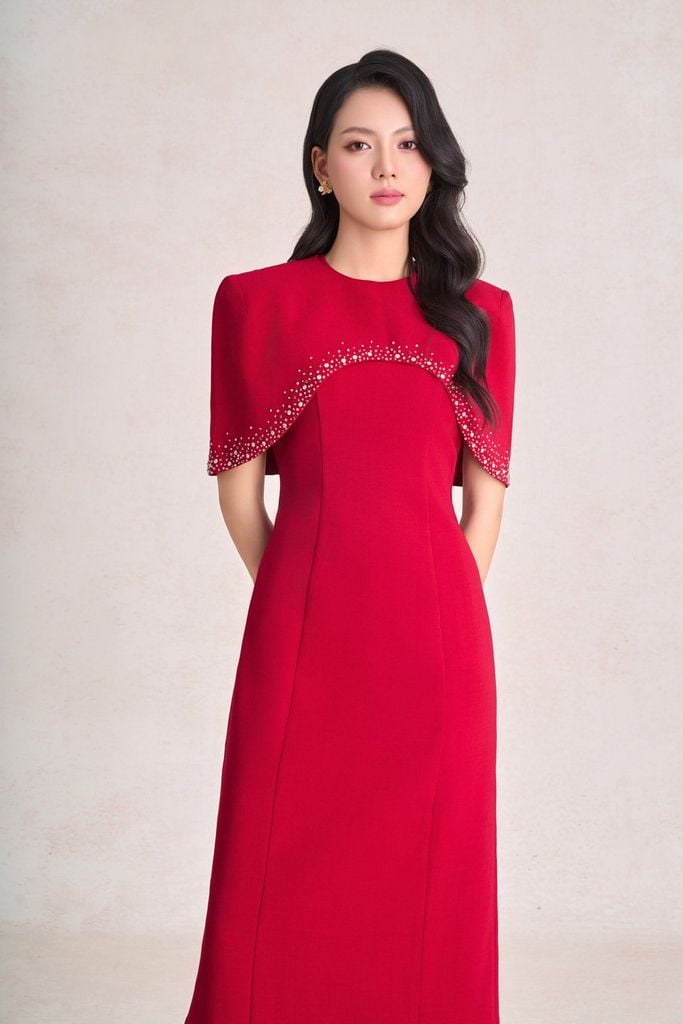 FDH9667 - Đầm dạ hội cao cấp dáng chữ A cổ phối vạt choàng vai tạo kiểu khoá thân sau - PANTIO