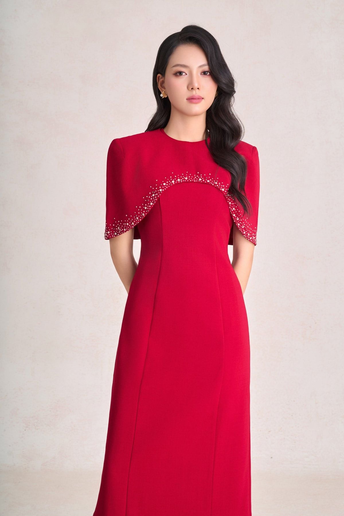 FDH9667 - Đầm dạ hội cao cấp dáng chữ A cổ phối vạt choàng vai tạo kiểu khoá thân sau - PANTIO