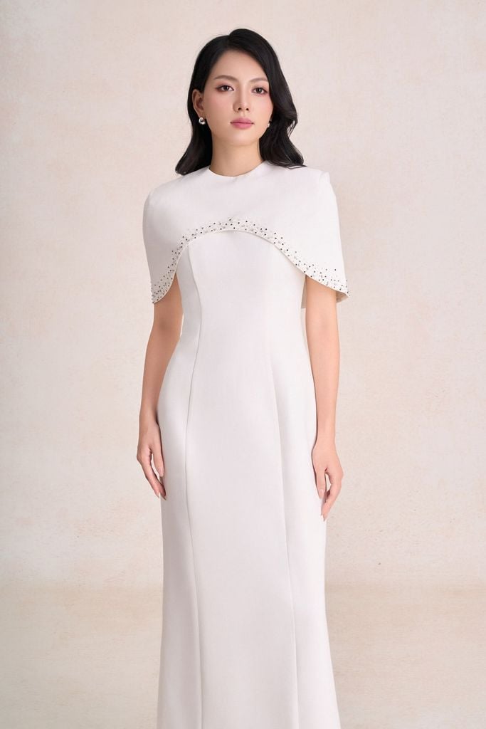 FDH9667 - Đầm dạ hội cao cấp dáng chữ A cổ phối vạt choàng vai tạo kiểu khoá thân sau - PANTIO