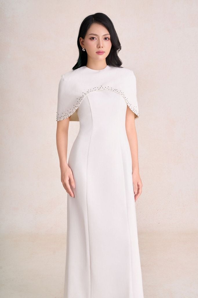 FDH9667 - Đầm dạ hội cao cấp dáng chữ A cổ phối vạt choàng vai tạo kiểu khoá thân sau - PANTIO
