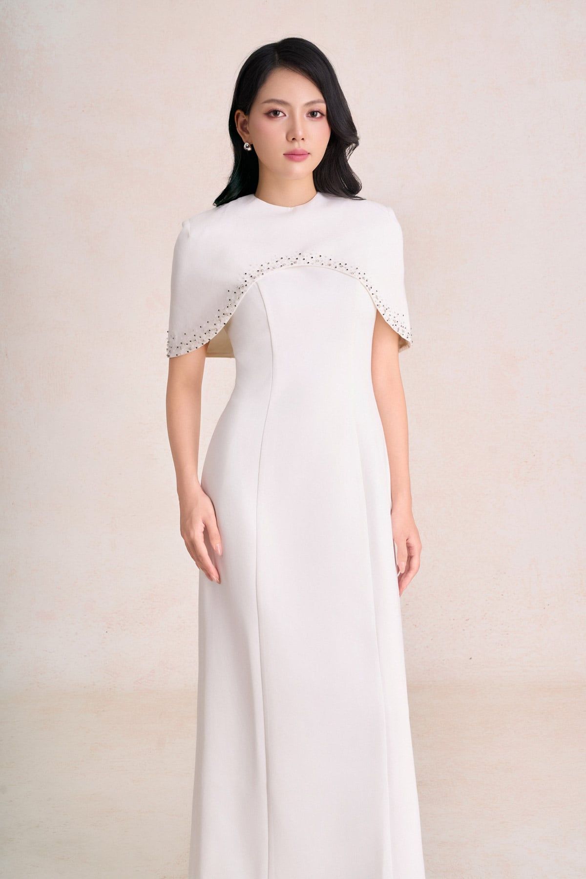 FDH9667 - Đầm dạ hội cao cấp dáng chữ A cổ phối vạt choàng vai tạo kiểu khoá thân sau - PANTIO