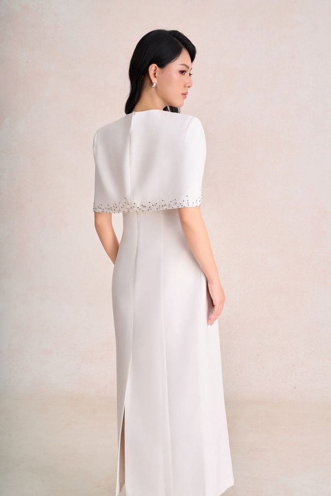 FDH9667 - Đầm dạ hội cao cấp dáng chữ A cổ phối vạt choàng vai tạo kiểu khoá thân sau - PANTIO