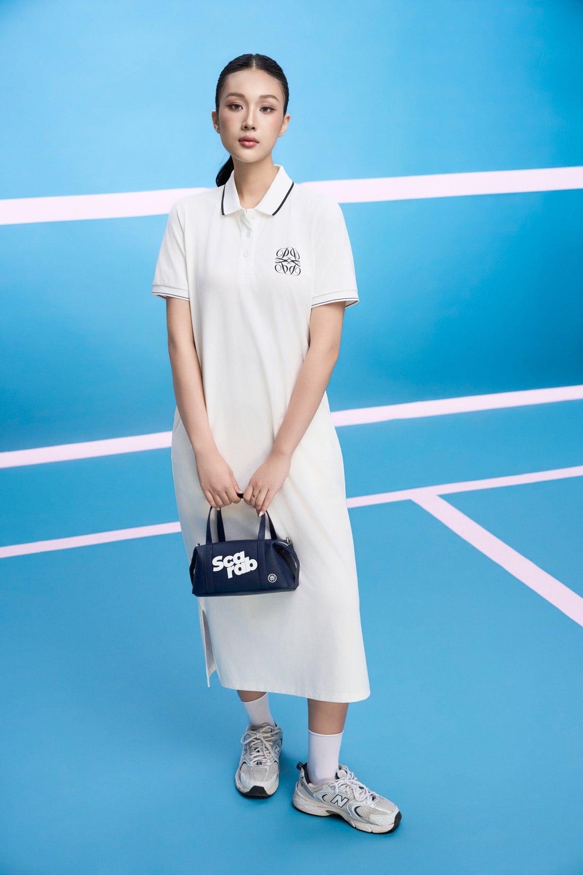 FDO052 - Đầm dệt kim vải cotton dáng suông cổ polo tay cộc ngực áo thêu hoạ tiết thời trang - tỷ lệ kèo 8899