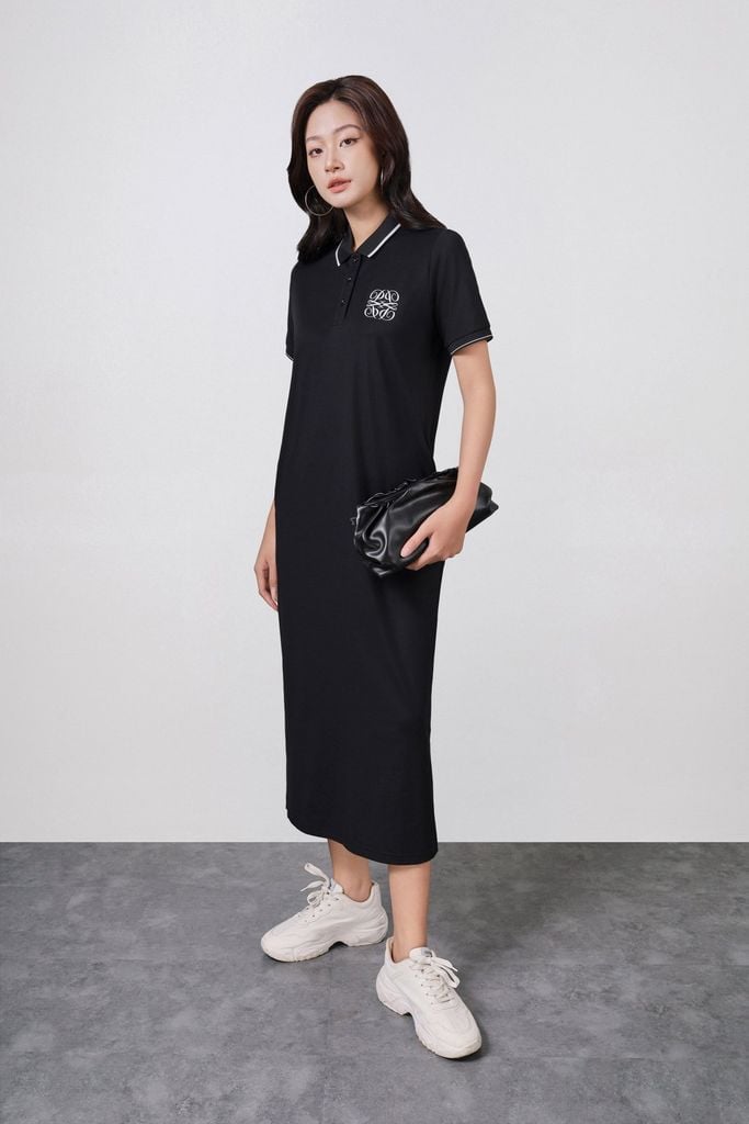 FDO052 - Đầm dệt kim vải cotton dáng suông cổ polo tay cộc ngực áo thêu hoạ tiết thời trang - PANTIO