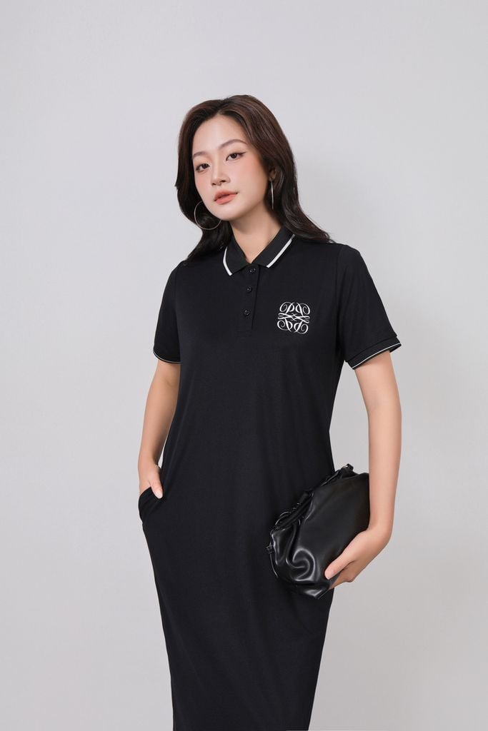 FDO052 - Đầm dệt kim vải cotton dáng suông cổ polo tay cộc ngực áo thêu hoạ tiết thời trang - PANTIO