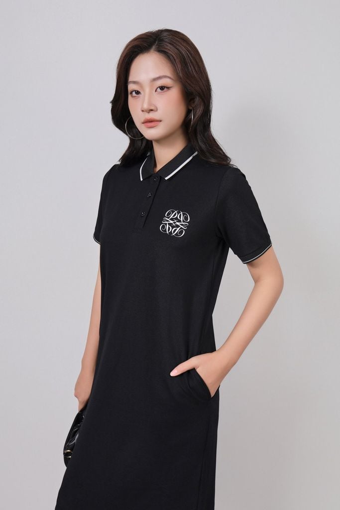 FDO052 - Đầm dệt kim vải cotton dáng suông cổ polo tay cộc ngực áo thêu hoạ tiết thời trang - PANTIO