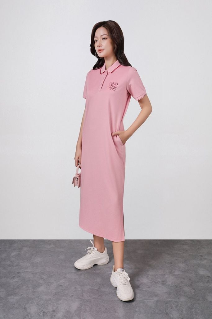 FDO052 - Đầm dệt kim vải cotton dáng suông cổ polo tay cộc ngực áo thêu hoạ tiết thời trang - PANTIO