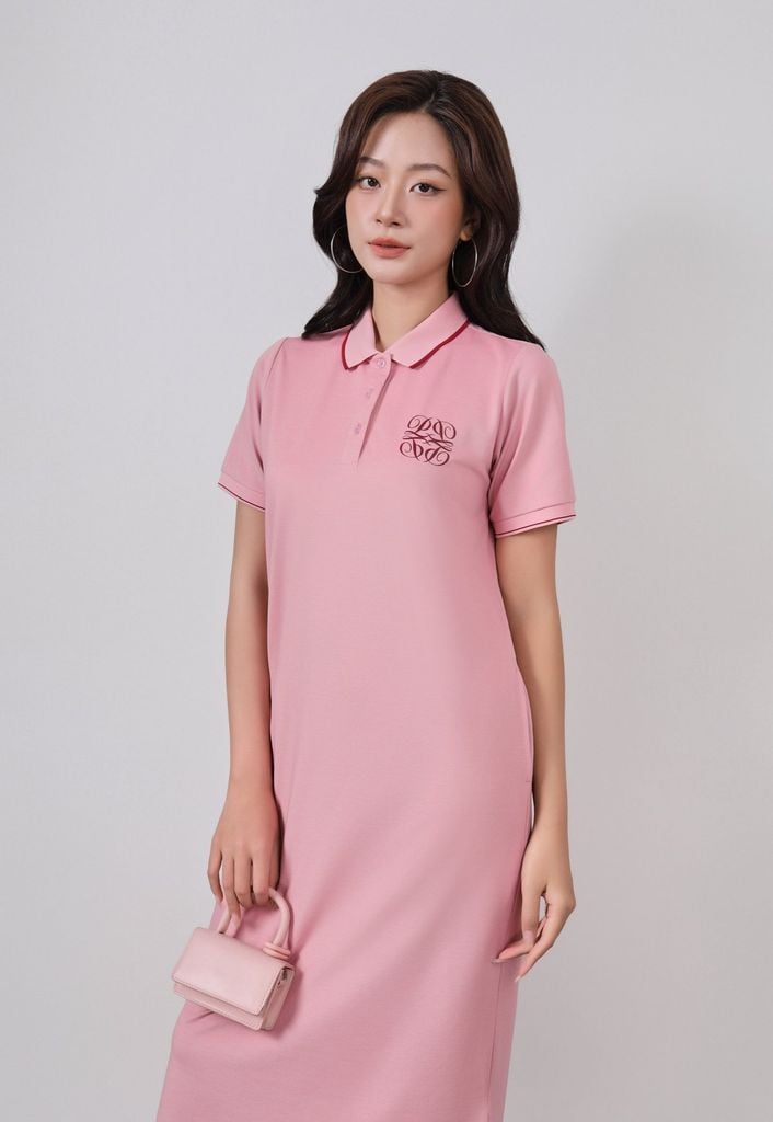 FDO052 - Đầm dệt kim vải cotton dáng suông cổ polo tay cộc ngực áo thêu hoạ tiết thời trang - PANTIO