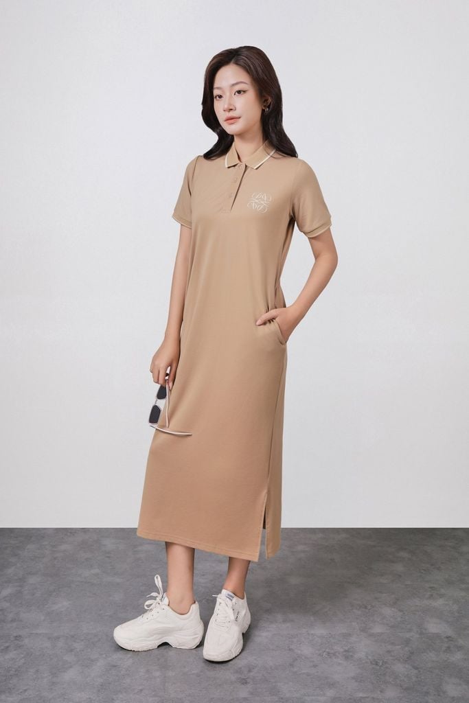 FDO052 - Đầm dệt kim vải cotton dáng suông cổ polo tay cộc ngực áo thêu hoạ tiết thời trang - PANTIO