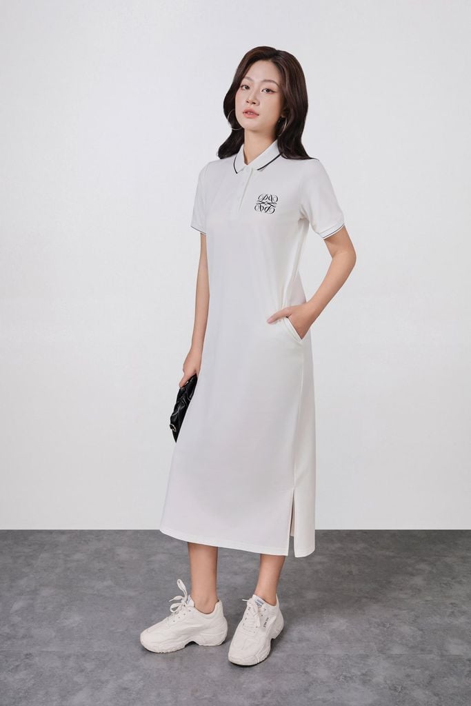 FDO052 - Đầm dệt kim vải cotton dáng suông cổ polo tay cộc ngực áo thêu hoạ tiết thời trang - PANTIO