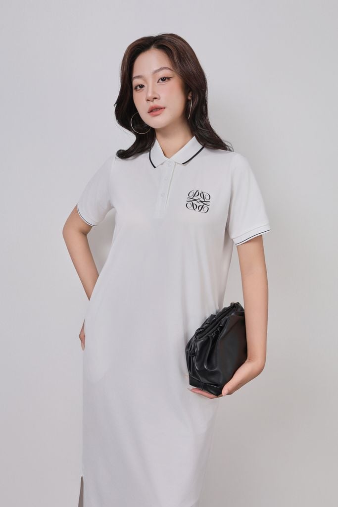 FDO052 - Đầm dệt kim vải cotton dáng suông cổ polo tay cộc ngực áo thêu hoạ tiết thời trang - PANTIO
